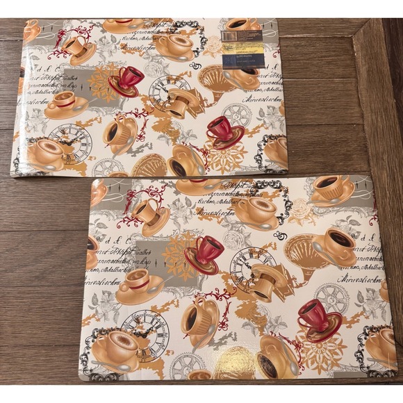Other - Coffee Cup Placemats Set of 2 Cream‎ Brown Y2K Clock Floral Decor Gilmore Girls